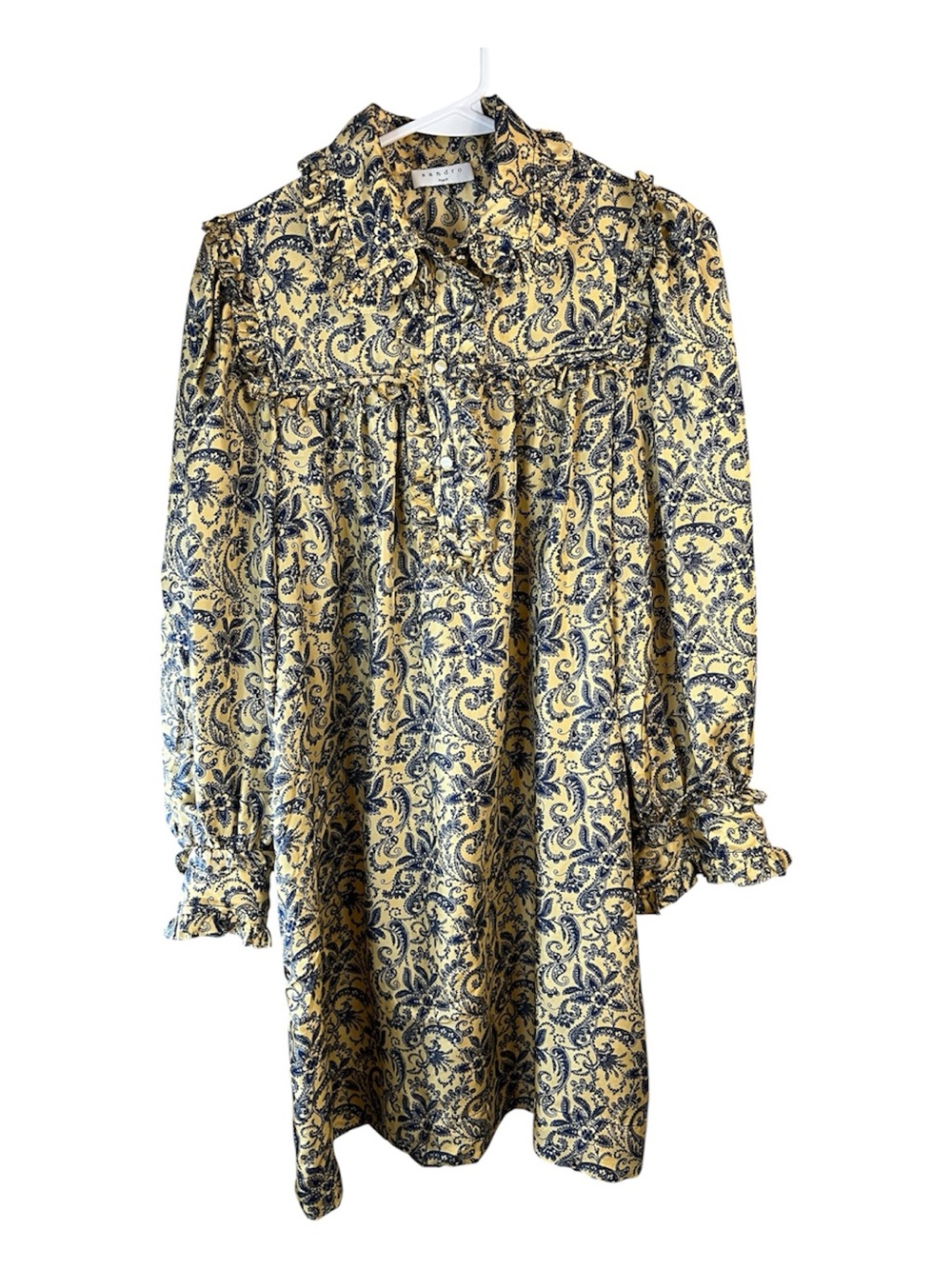Sandro Paris Silk Tan and Navy Paisley Ruffle-Trim Mini  Dress